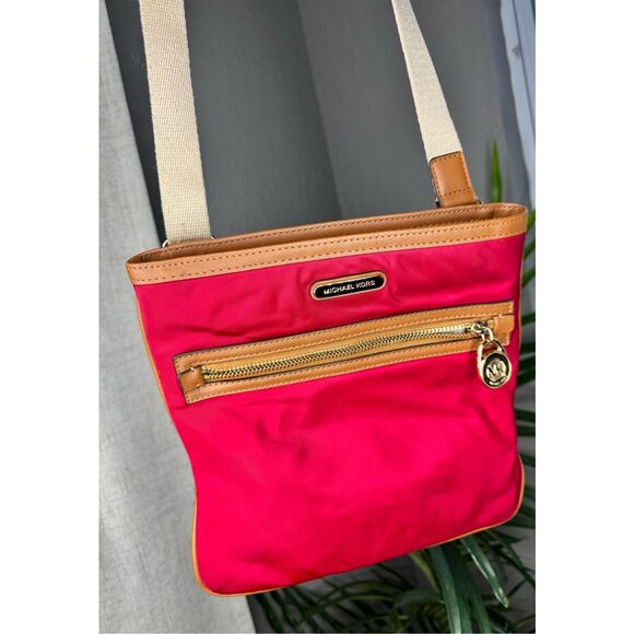 Michael Kors Red Gold Crossbody Kempton Leather Nylon Bag‎ Purse - Picture 1 of 7